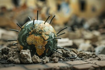 Global crisis concept with nails in globe