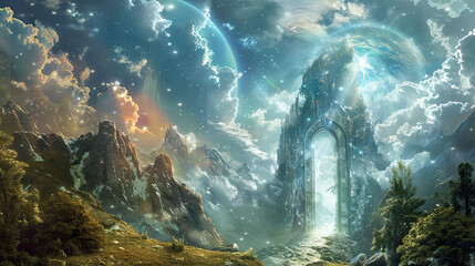 Cosmic Portal in a Fantasy Landscape. - obrazy, fototapety, plakaty