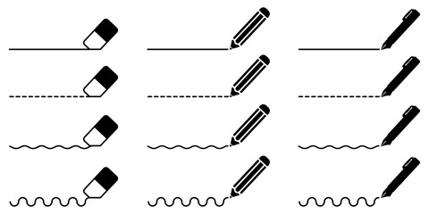 Eraser, pencil and pen set icons. Write, draw, erase set symbol - 760692974