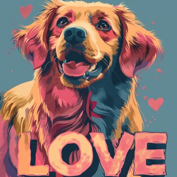 A painting of a dog with the word love on it.