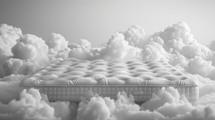 A mattress in the middle of a cloud filled sky.