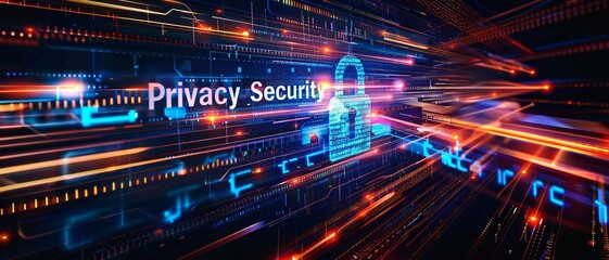 a high-tech banner design with the text Privacy security with a digital padlock, representing the strong integration of encryption in advanced privacy security measures. 
 - obrazy, fototapety, plakaty