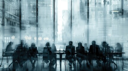 A group of people sitting at a table in front of a window. Abstract business meeting background with copy-space.