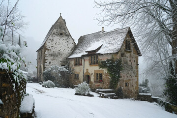 medieval house and snowy weather