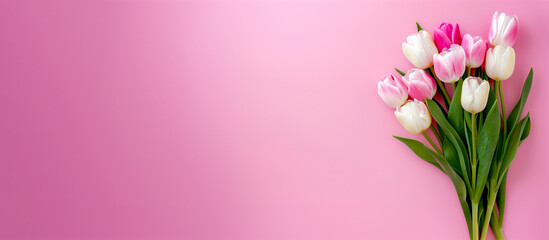 Fototapeta na wymiar Pink and white tulips on a pink background
