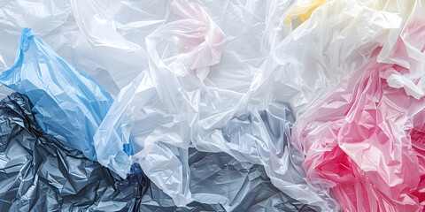 Plastic bags are stacked up, one of which is blue, yellow, and red,Colorful plastic bags on cement floor background.
 - obrazy, fototapety, plakaty