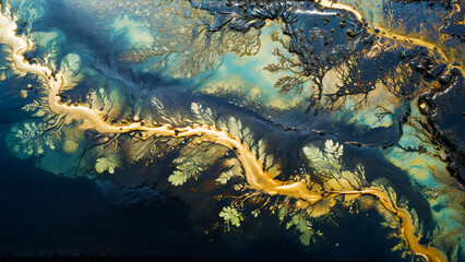 Fototapeta na wymiar Save planet earth concept, oil film on a polluted river, black oil film, shimmering water surface, oil waste spilling, environmental catastrophe, ecological disaster, mother earth, world earth day
