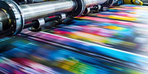 Roll offset print machine in a large print shop for production,Modern printing press produces multi colored printouts accurately.
 - obrazy, fototapety, plakaty