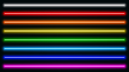 Luminous neon lines isolated, lights lines set in different rainbow colors, retro led neon lamp tube, glowing laser beams streaks on dark background - for stock - 760694191