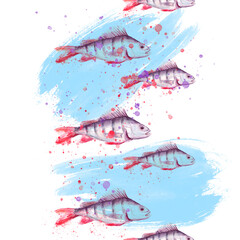 Seamless vintage watercolor pattern. Watercolor drawing fish perch.
water splash, paint. Underwater world, drawing of fish in vintage style. Water fish splash, paint, trendy background.  camouflage - 760694306
