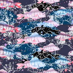 Seamless vintage watercolor pattern. Watercolor drawing fish perch.
water splash, paint. Underwater world, drawing of fish in vintage style. Water fish splash, paint, trendy background.  camouflage - 760694368