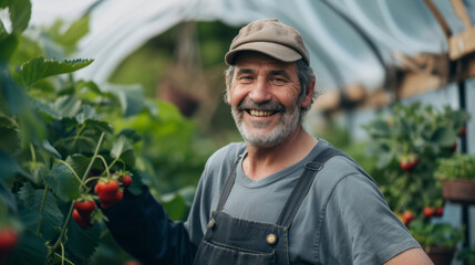 Close up portrait of happy mature man gardener in a garden, greenhouse holding a wooden crate of vegetables	

