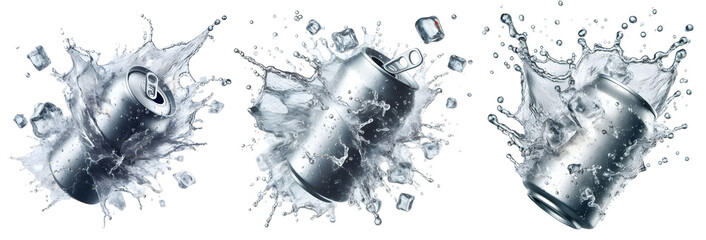 soda can ice water splash isolated png mockup - obrazy, fototapety, plakaty