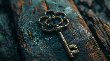 Antique key on weathered wooden surface. a symbol of mystery and security. vintage style photography. perfect for historical concepts. AI