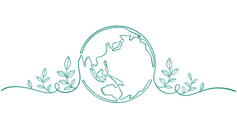 earth globe with green leaves line art style vector illustration, earth day, environment day illustration - obrazy, fototapety, plakaty