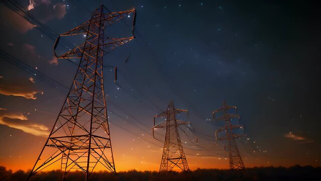 Electricity transmission towers with orange glowing wires the starry night sky. Energy infrastructure concept, energy, electricity, voltage, supply