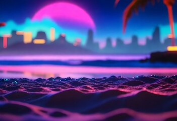 Close-up view of sand with a neon-lit cityscape