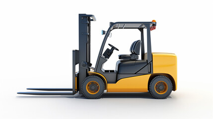 Create an image featuring a modern forklift specifically designed for efficient warehouse work. Isolate it against a white background to highlight the details of the machinery, presenting a realistic 