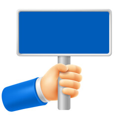 Hand holding sign or placard on stick. Protest, picket, agitation or important information concept. 3d realistic vector illustration