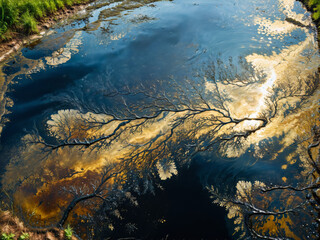 Save planet earth concept, oil film on a polluted river, black oil film, shimmering water surface, oil waste spilling, environmental catastrophe, ecological disaster, mother earth, world earth day