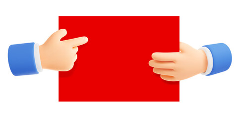 Businessman hand holding big red card or paper sheet and points at him with his other hand. Empty space for text. 3d realistic vector illustration