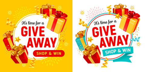 Giveaway, sale or win, conceptual advertising design templates set. 3d realistic gift boxes and confetti around of the circle label with text. Vector illustration - obrazy, fototapety, plakaty