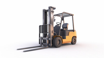 Create an image featuring a modern forklift specifically designed for efficient warehouse work. Isolate it against a white background to highlight the details of the machinery, presenting a realistic 