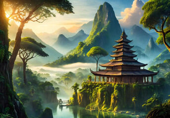 Obraz premium realistic illustration of a temple in the middle of tropical jungle