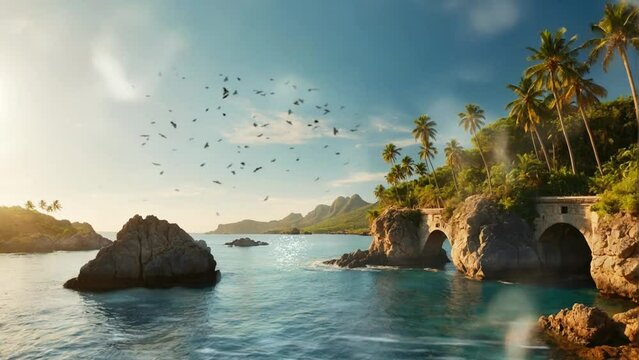 bridges in nature, and islands full of palm trees at sunrise. 4K seamless looping overlay virtual video animation backgrounds.