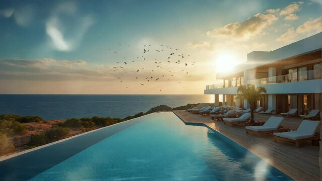 LUXURY ibizan style hotel on the seafront. 4K seamless looping overlay virtual video animation background