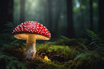 Glowing amanita mushroom in a mystical forest with copy space area