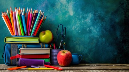 Creative illustration of a school theme, a bright school backpack with school supplies around. Concept of back to school, learning, school times	
