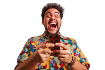 shouting man full of joy, standing with an excited expression holding his cell phone with both hands after winning a prize isolated on a cutout PNG transparent background