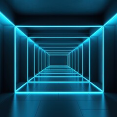 Cyan neon light in an empty dark room, in the style of luxurious geometry