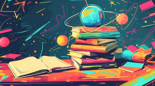 Creative 3D illustration of a back to school theme, a stack of books with an globe earth on top, school supplies around on a green school board background.	