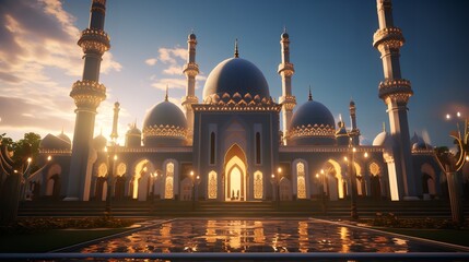 Fototapeta na wymiar Beautiful Mosque at Sunset 8k Realistic Lighting