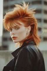 a gorgeous russian female model with blue eyes around 25 years old looking back at the camera with hair in a 80's mullet hairstyle that is cut short on the sides and long in the back