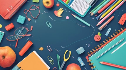 Creative illustration of a school theme with school supplies and empty copy space in the middle. Concept of back to school, learning, school times	
