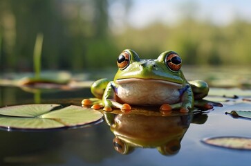 Cute frog character on the lily pod at a pond with bright background