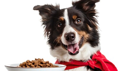 Smiling border collie in a red scarf anticipates mealtime, pet nutrition conceptualized, friendly dog portrait. AI