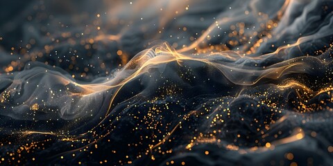 Abstract dark ink water splash with shimmering gold particles and vapor cloud. Concept Dark Ink Water Splash, Shimmering Gold Particles, Vapor Cloud, Abstract Art - obrazy, fototapety, plakaty