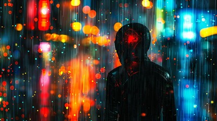 Robot, metallic skin, lost in a digital landscape, neon cityscape under heavy rain, futuristic, photography, silhouette, chromatic aberration