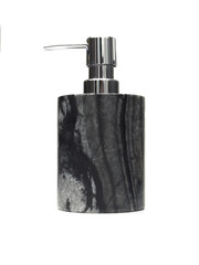  A modern soap dispenser with a sleek design, featuring a marbled black and white body and a shiny...