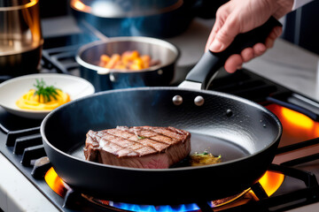 Fototapeta premium steak is fried in a frying pan