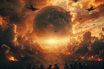 Surreal invasion scene with extra-large moon