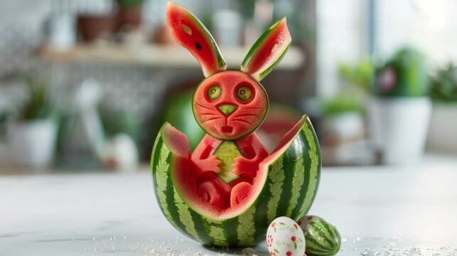 A watermelon carved into a Easter rabbit shape, sitting on top of another watermelon.