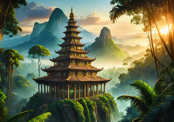 realistic illustration of a temple in the middle of tropical jungle