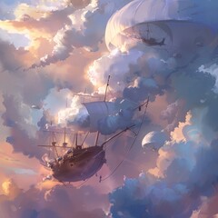 A dreamy and whimsical scene of cotton clouds surrounding an airship - obrazy, fototapety, plakaty