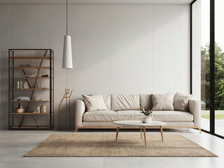 living room interior mockup, modern furniture and decorative arch with trendy dried flowers with white sofa and armchair on the White Background