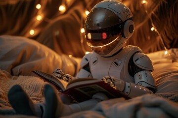 A robot reading a book while sitting on a bed next to a child.